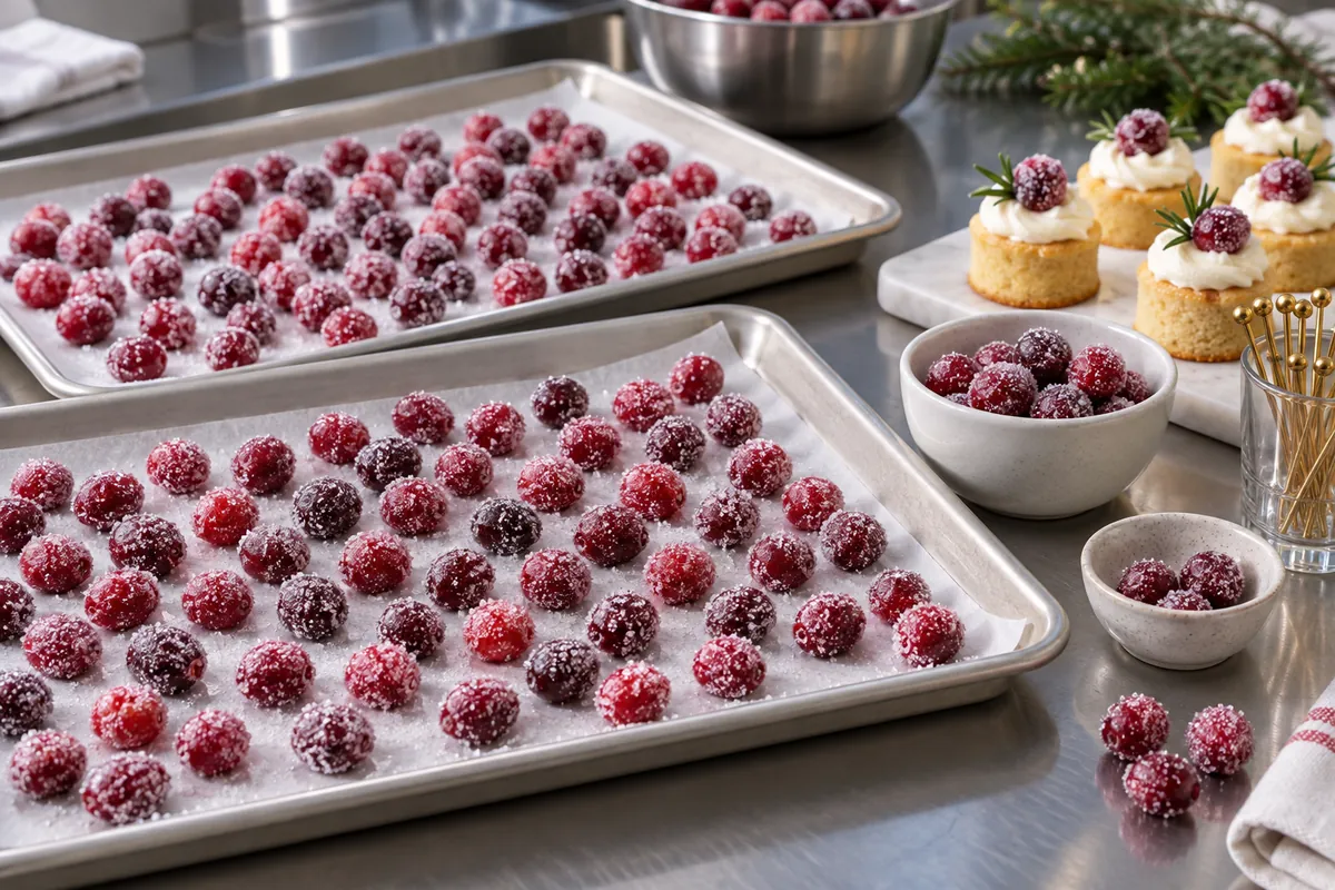 Frosted cranberries held in single layers for service
