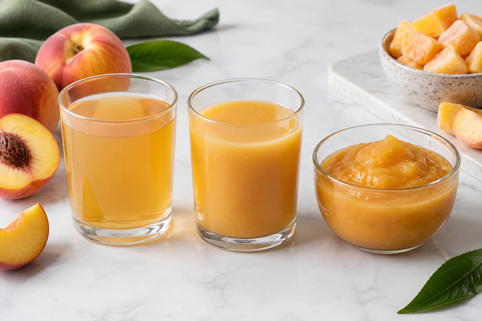 Three unlabelled transparent vessels compare translucent peach juice, opaque pourable nectar and thick peach puree, with ripe and frozen peaches nearby Three unlabelled transparent vessels compare translucent peach juice, opaque pourable nectar and thick peach puree, with ripe and frozen peaches nearby