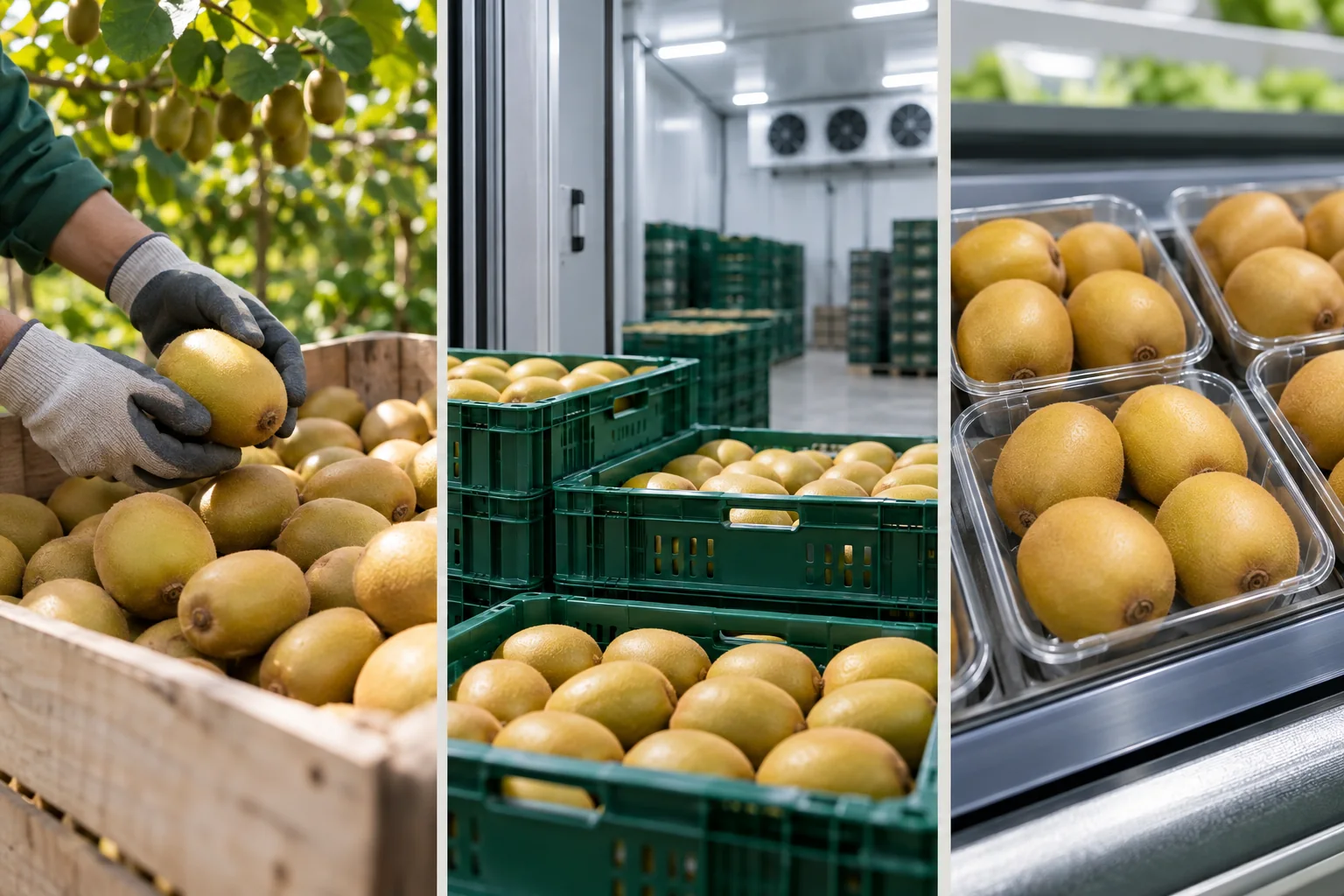 A cold-storage sequence showing firm golden kiwifruit moving from harvest bin to refrigerated packhouse storage and retail tray, with realistic fruit condition and no fabricated metrics