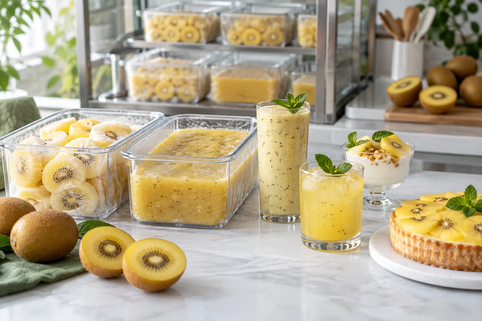 A beverage and dessert production plan using portioned frozen kiwi slices and puree across different months, shown as a professional ingredient scheduling scene without text or calendar numbers