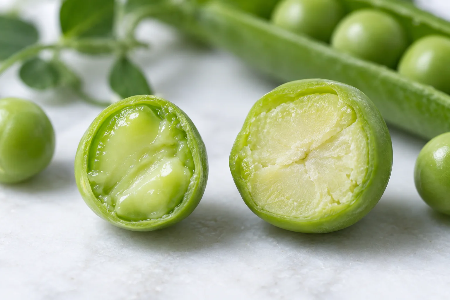 Macro cutaway of a young green pea showing thin skin and moist creamy center beside a mature pea with firmer starchy interior, scientifically plausible and without labels