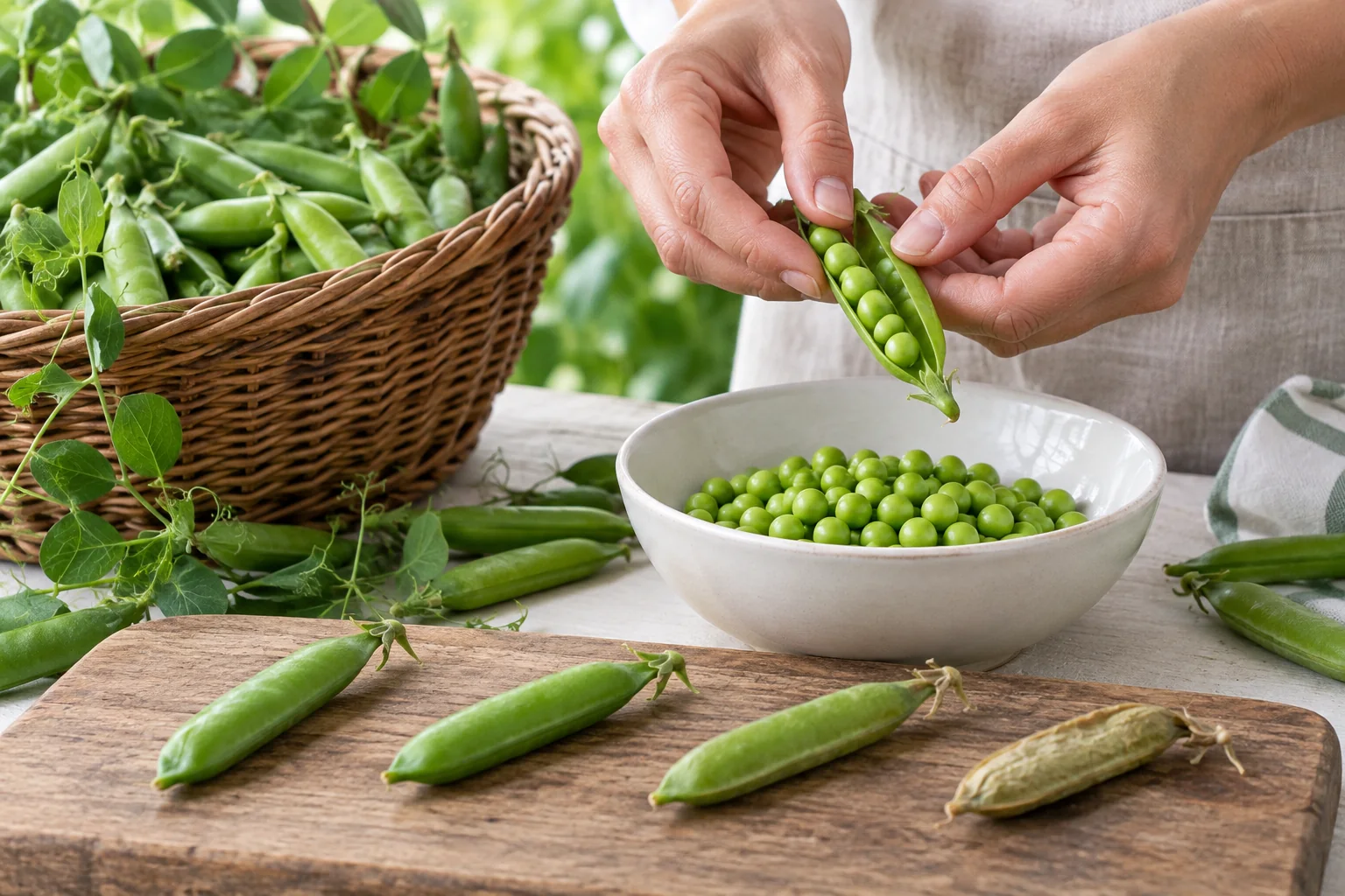 Fresh peas being shelled beside a harvest basket and a small timing cue represented by changing pod freshness, no clock face or text