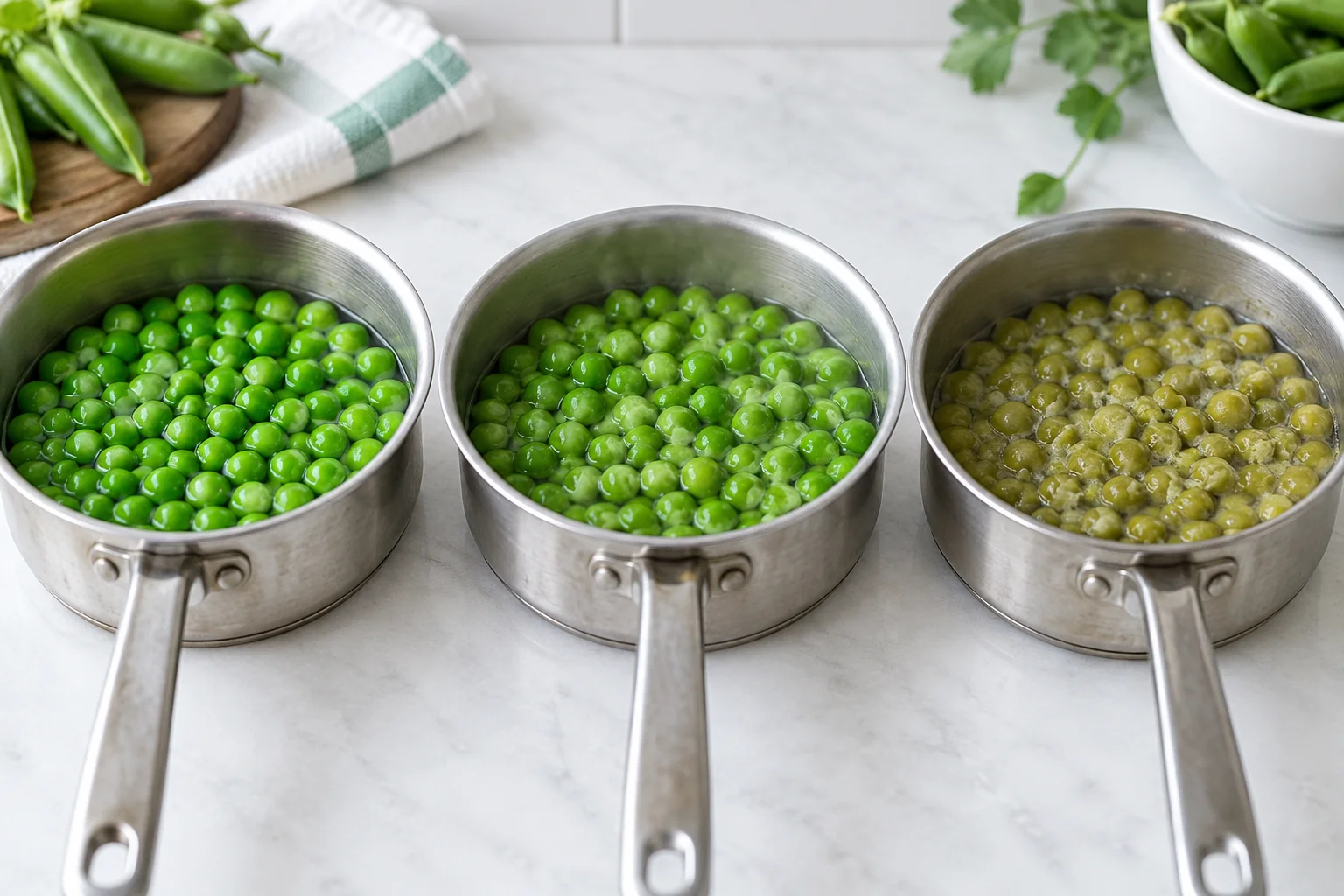 A controlled cooking comparison of blanched bright peas, briefly steamed peas and overcooked dull peas in identical small pans, no labels