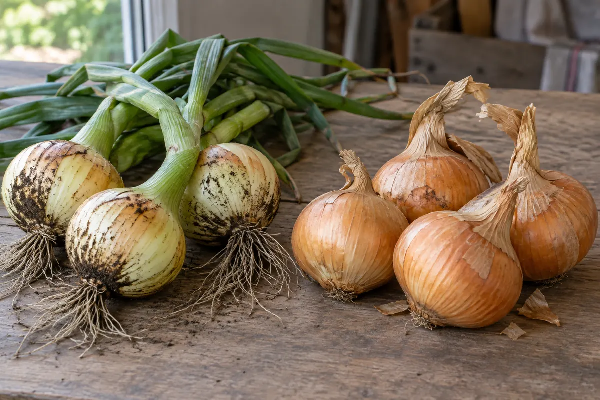 Fresh onions with flexible necks beside cured papery bulbs