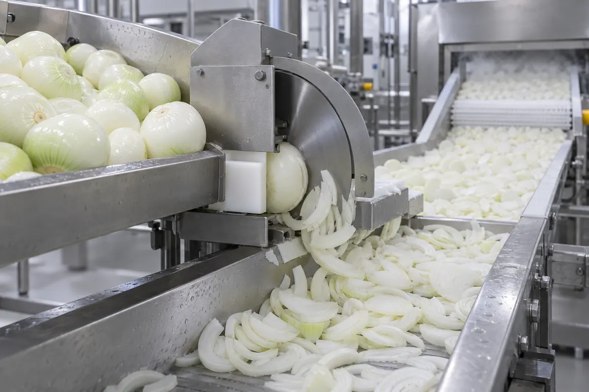 Peeled onions being sliced on a clean processing line