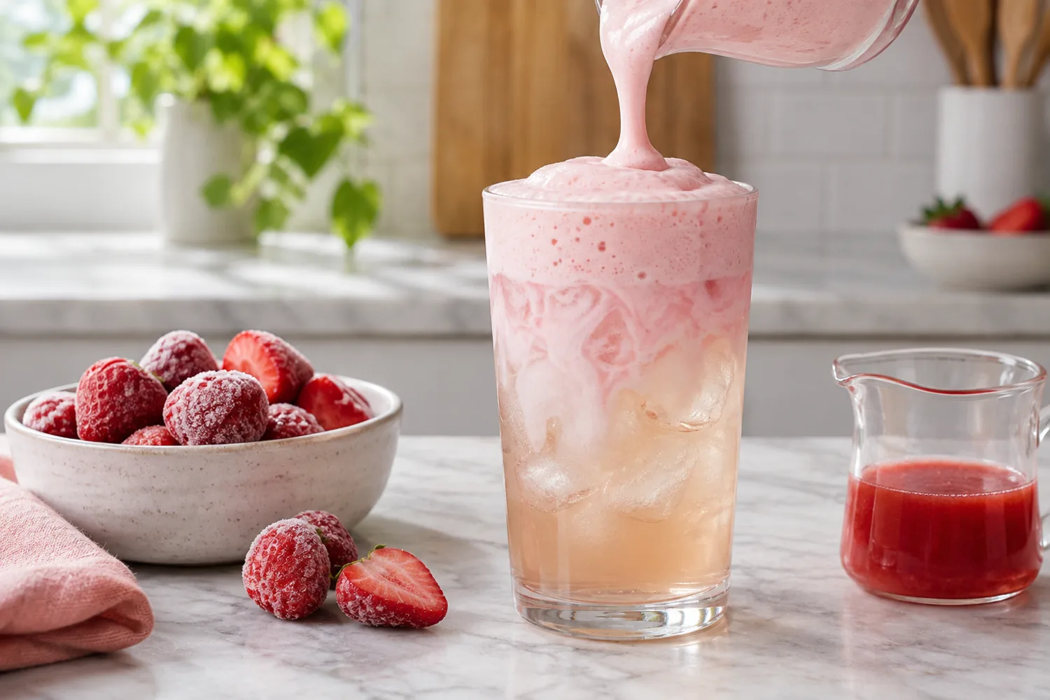Pale pink strawberry foam over iced drink beside frozen berries